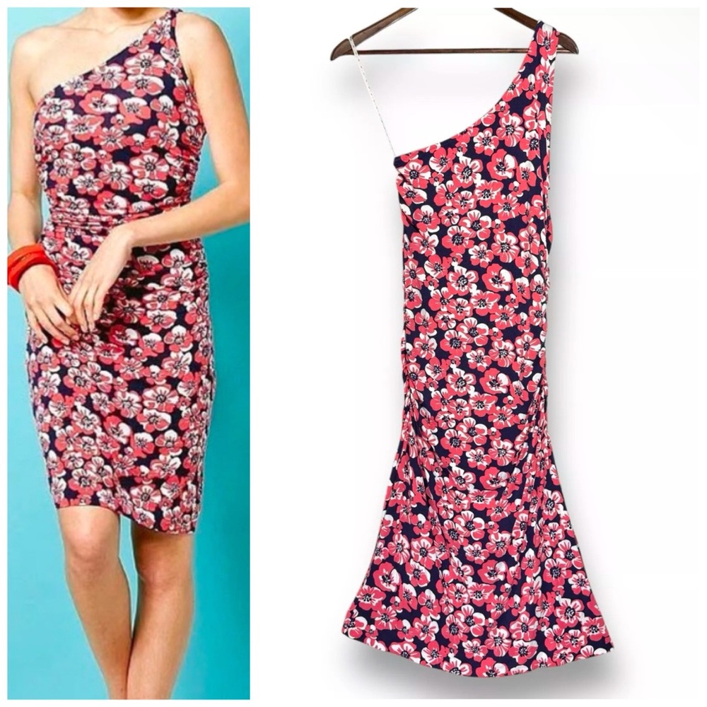 Lilly Pulitzer Island Coral Build Me Up One Shoulder Ruched Dress | M | Stretch - Picture 1 of 9